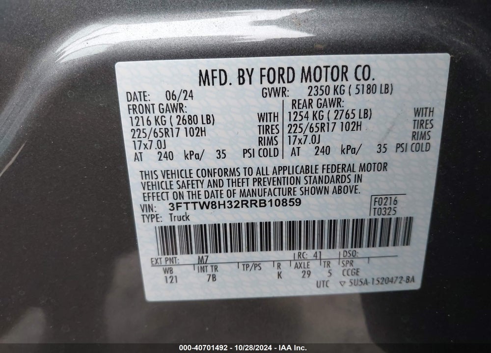 2024 FORD MAVERICK XLT VIN: 3FTTW8H32RRB10859