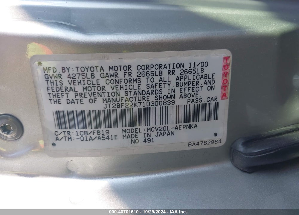 2001 TOYOTA CAMRY LE V6 VIN: JT2BF22K710300839