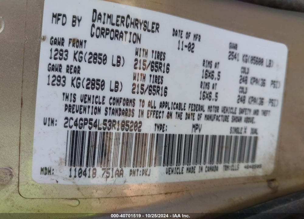 2003 CHRYSLER TOWN & COUNTRY LXI VIN: 2C4GP54L53R185202