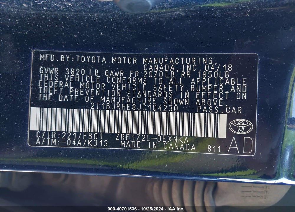 2018 TOYOTA COROLLA LE VIN: 2T1BURHE8JC104230