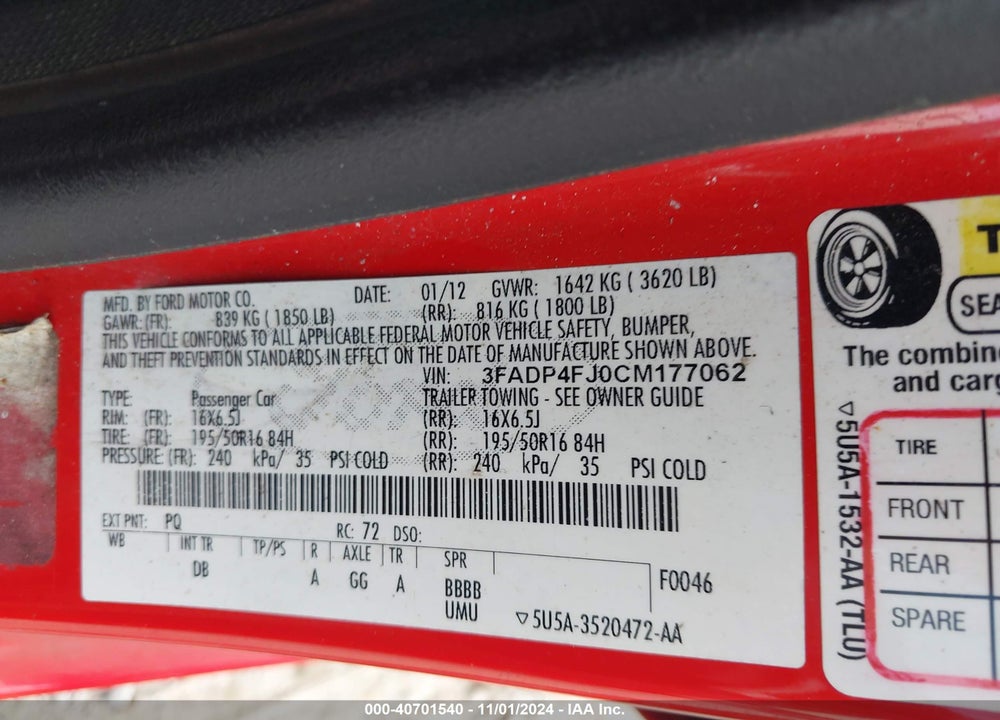 2012 FORD FIESTA SES VIN: 3FADP4FJ0CM177062