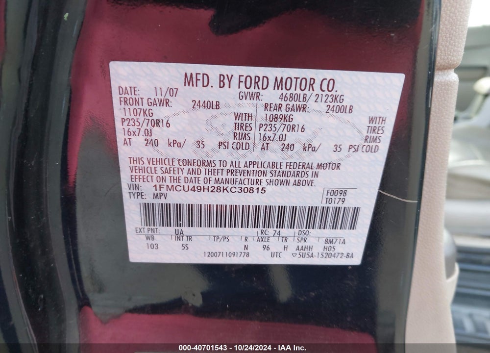 2008 FORD ESCAPE HYBRID VIN: 1FMCU49H28KC30815