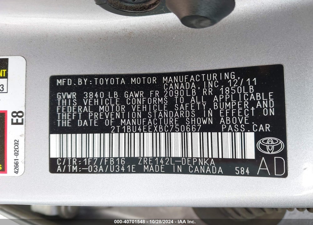 2011 TOYOTA COROLLA LE VIN: 2T1BU4EEXBC750667