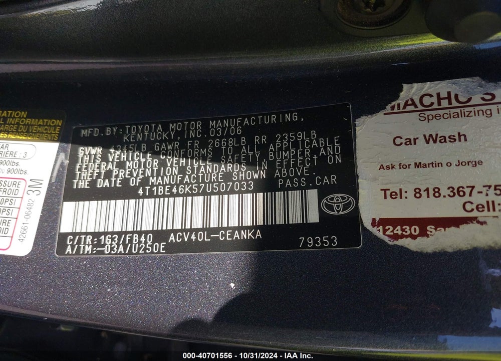 2007 TOYOTA CAMRY LE VIN: 4T1BE46K57U507033