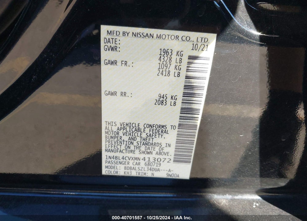 2021 NISSAN ALTIMA SR FWD VIN: 1N4BL4CVXMN413072