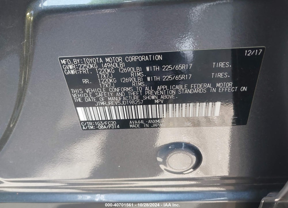2018 TOYOTA RAV4 HYBRID XLE VIN: JTMRJREV5JD198257