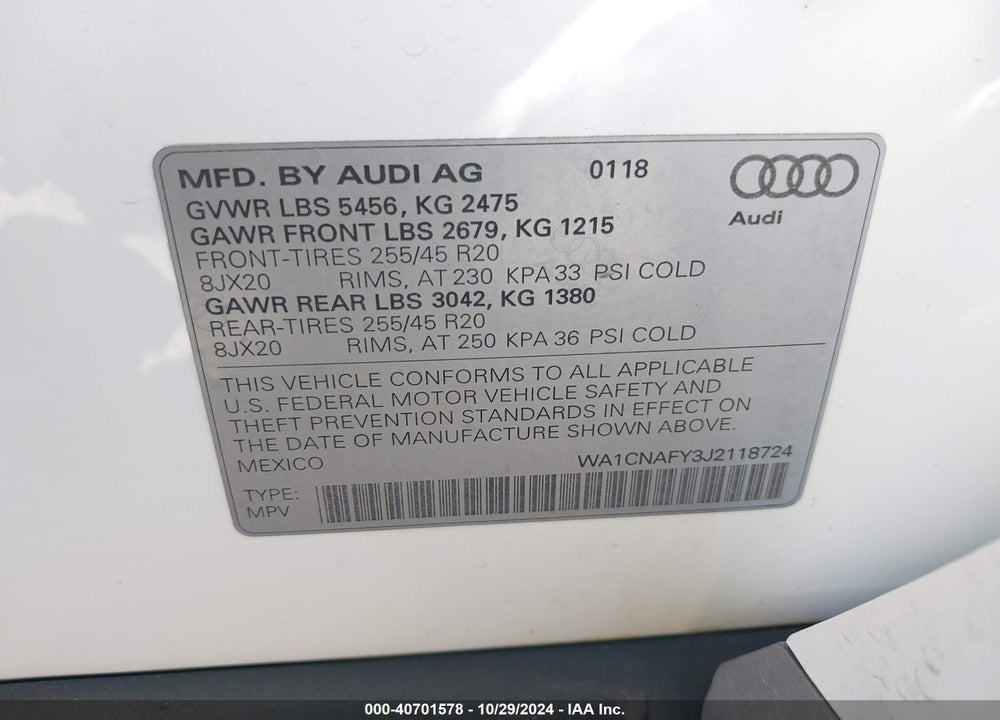 2018 AUDI Q5 VIN: WA1CNAFY3J2118724