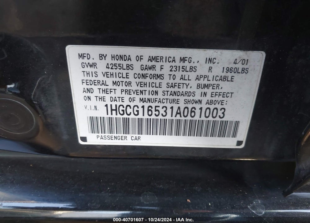 2001 HONDA ACCORD 3.0 EX VIN: 1HGCG16531A061003
