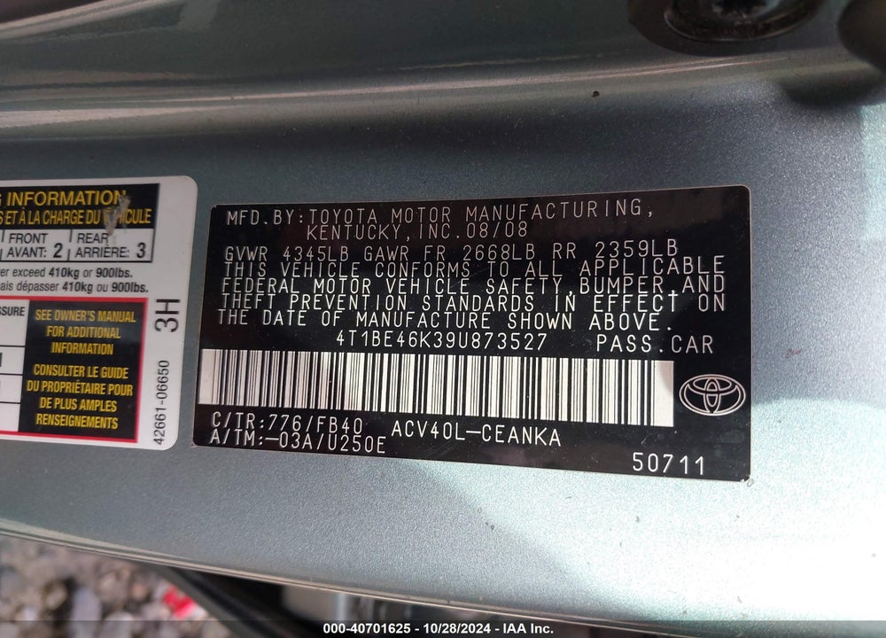 2009 TOYOTA CAMRY LE VIN: 4T1BE46K39U873527