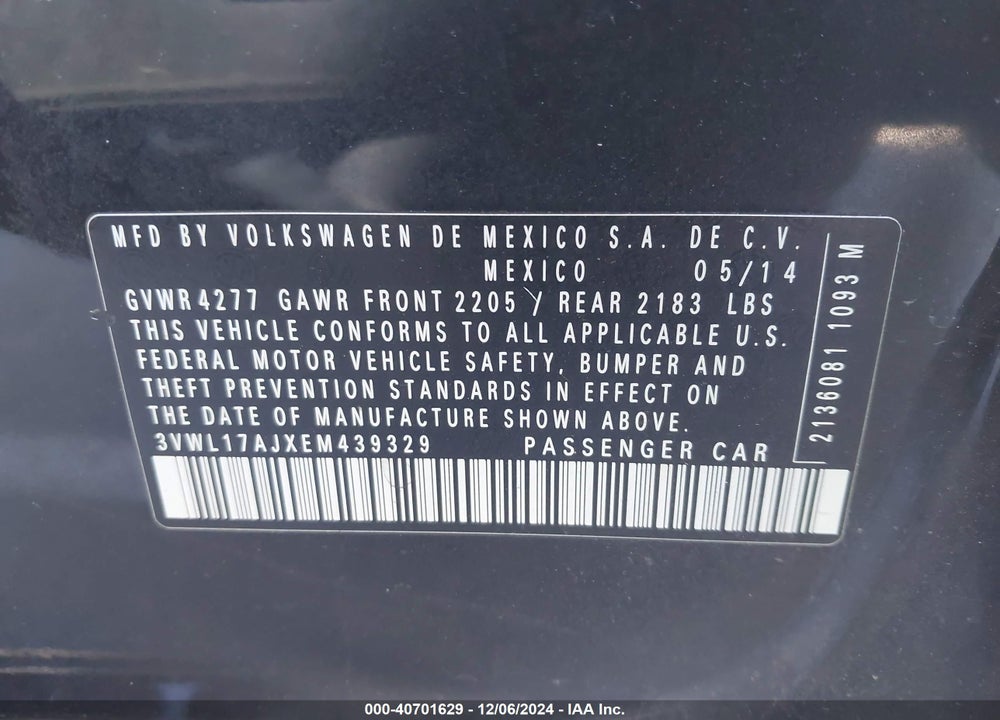 2014 VOLKSWAGEN JETTA 1.8T SEL VIN: 3VWL17AJXEM439329