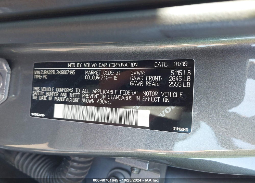 2019 VOLVO S60 T6 INSCRIPTION VIN: 7JRA22TL3KG007195