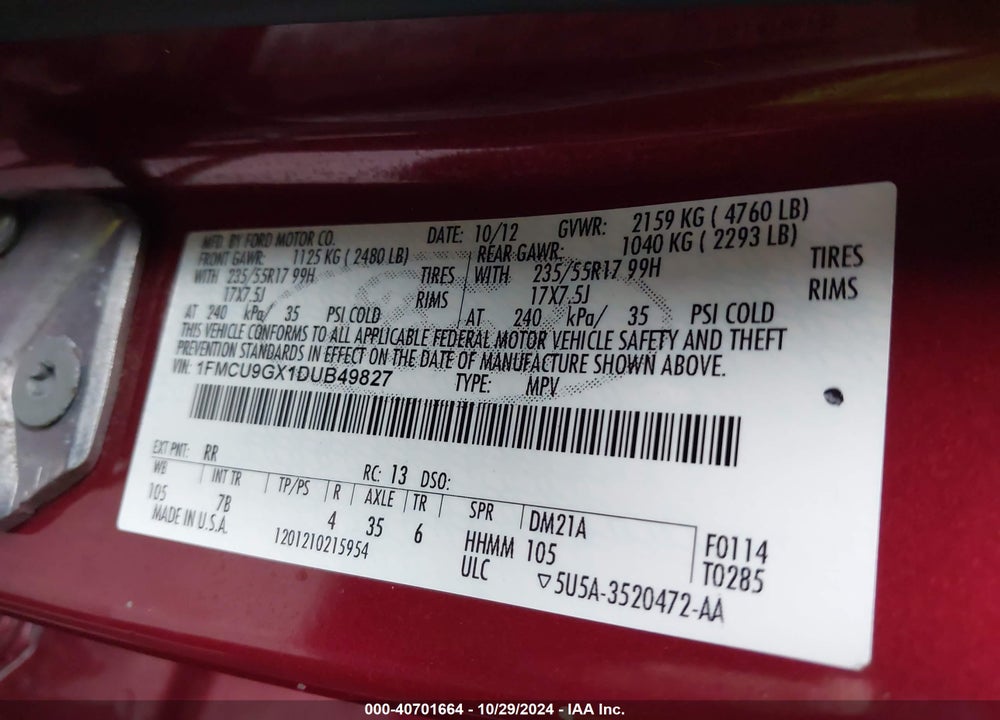 2013 FORD ESCAPE SE VIN: 1FMCU9GX1DUB49827