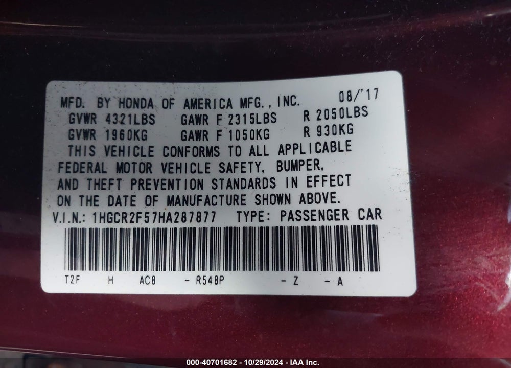 2017 HONDA ACCORD SPORT VIN: 1HGCR2F57HA287877