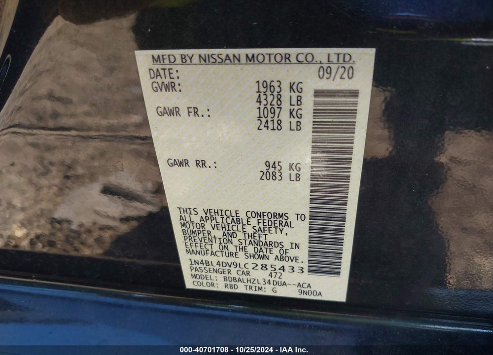 2020 NISSAN ALTIMA SV FWD VIN: 1N4BL4DV9LC285433