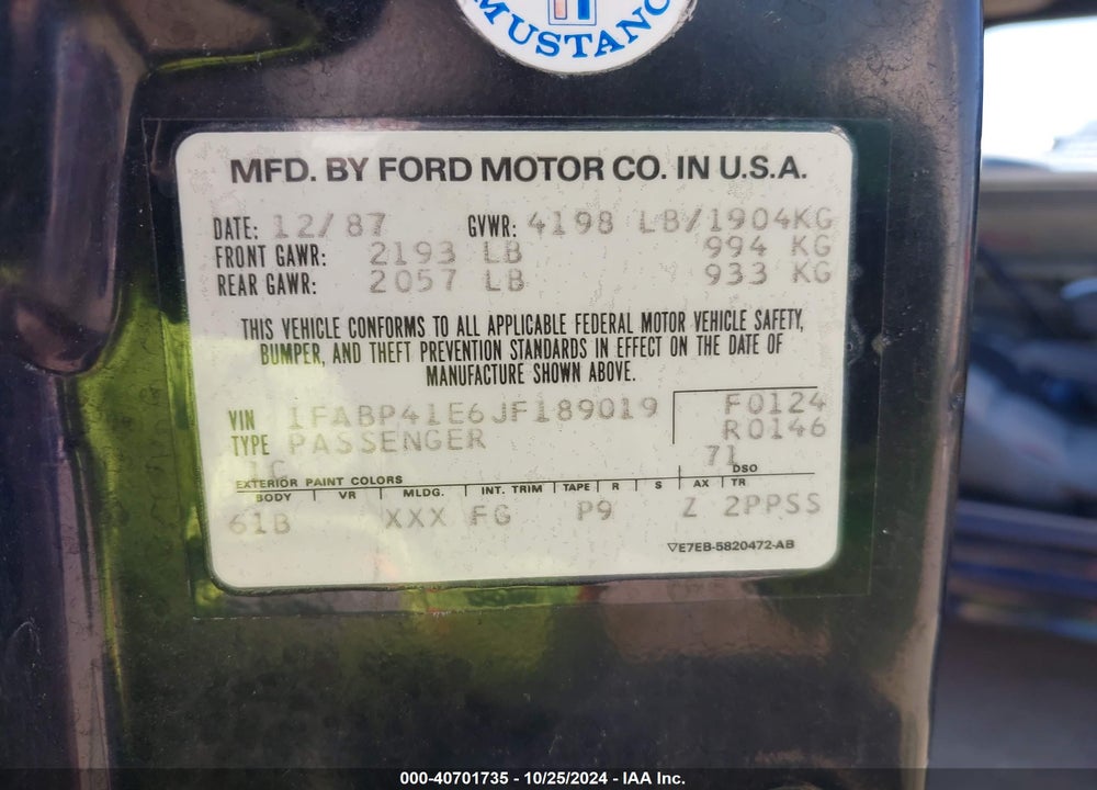 1988 FORD MUSTANG LX VIN: 1FABP41E6JF189019