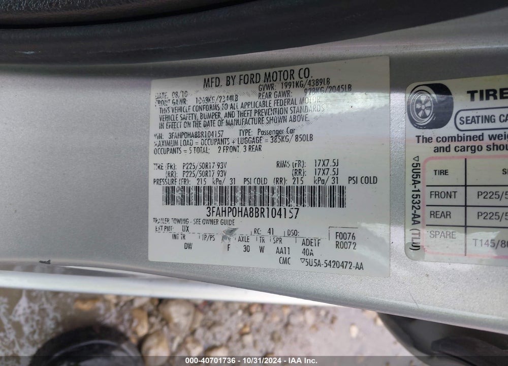 2011 FORD FUSION SE VIN: 3FAHP0HA8BR104157