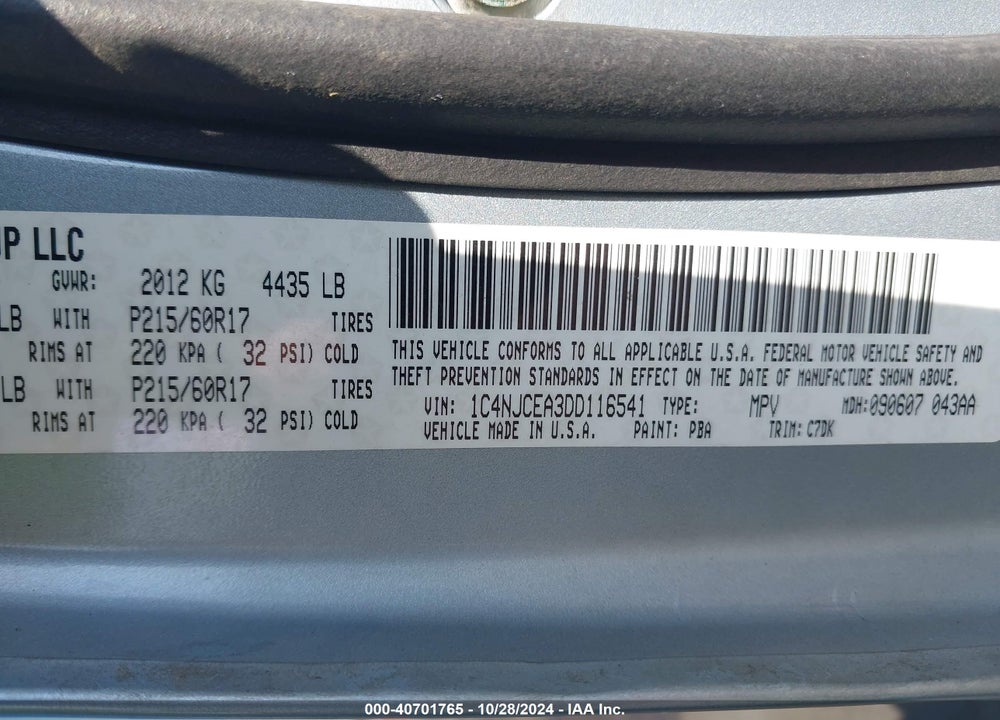 2013 JEEP COMPASS LATITUDE VIN: 1C4NJCEA3DD116541