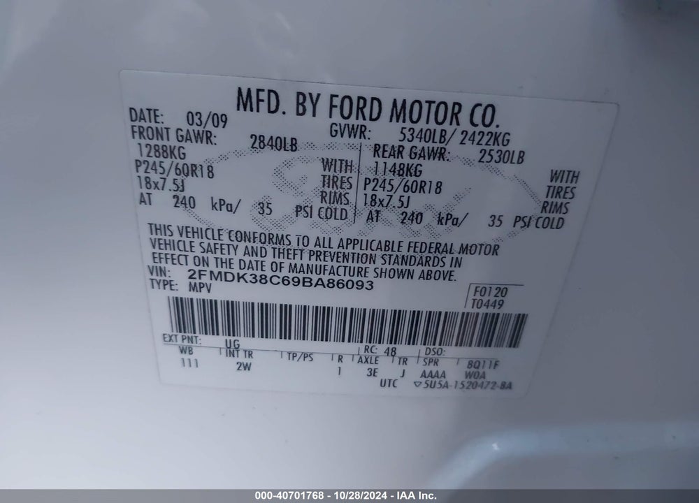2009 FORD EDGE SEL VIN: 2FMDK38C69BA86093