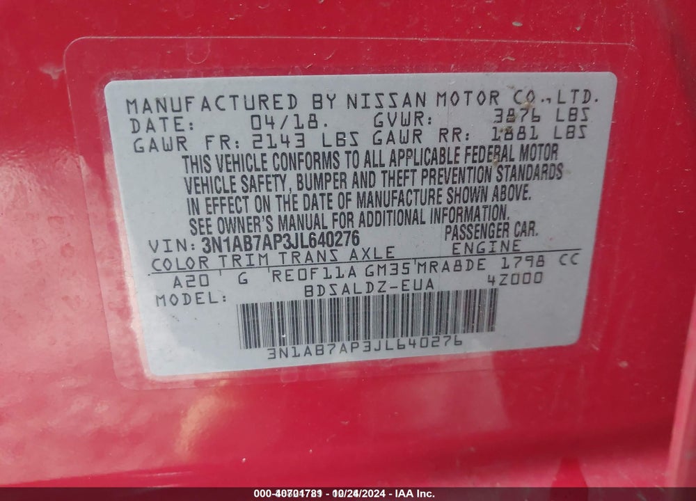 2018 NISSAN SENTRA VIN: 3N1AB7AP3JL640276
