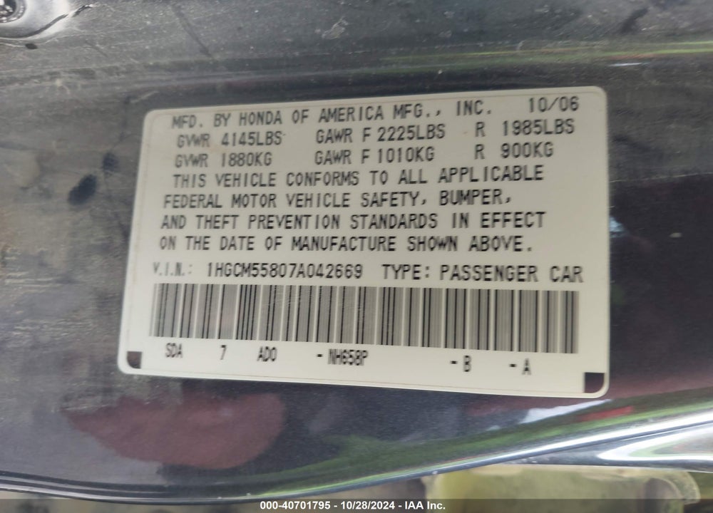 2007 HONDA ACCORD 2.4 EX VIN: 1HGCM55807A042669