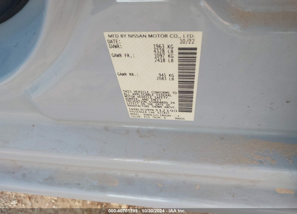 2023 NISSAN ALTIMA SR FWD VIN: 1N4BL4CV9PN312190