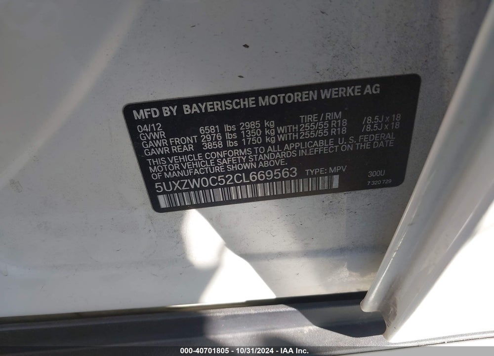 2012 BMW X5 XDRIVE35D VIN: 5UXZW0C52CL669563