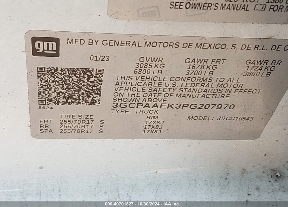 2023 CHEVROLET SILVERADO 1500 2WD SHORT BED WT VIN: 3GCPAAEK3PG207970
