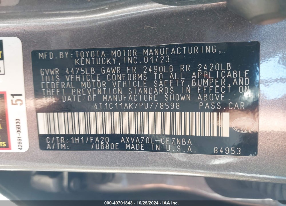 2023 TOYOTA CAMRY LE VIN: 4T1C11AK7PU778598