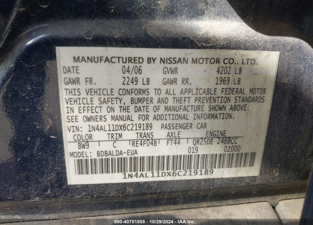2006 NISSAN ALTIMA 2.5 S VIN: 1N4AL11DX6C219189