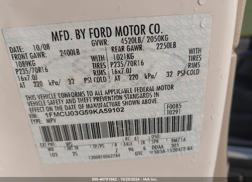 2009 FORD ESCAPE XLT VIN: 1FMCU03G59KA59102