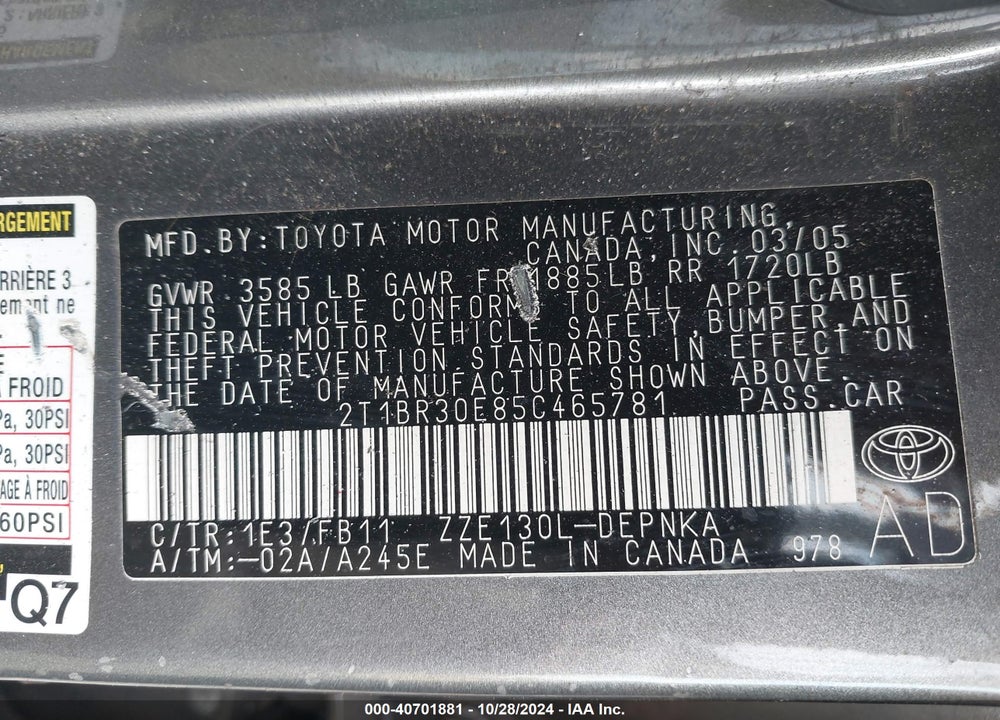 2005 TOYOTA COROLLA LE VIN: 2T1BR30E85C465781