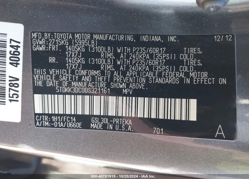 2013 TOYOTA SIENNA LE V6 8 PASSENGER VIN: 5TDKK3DC0DS321161