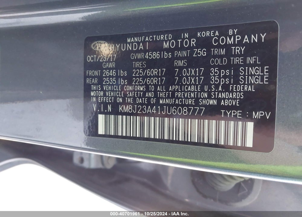 2018 HYUNDAI TUCSON SE VIN: KM8J23A41JU608777