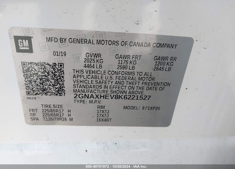2019 CHEVROLET EQUINOX LS VIN: 2GNAXHEV8K6221527