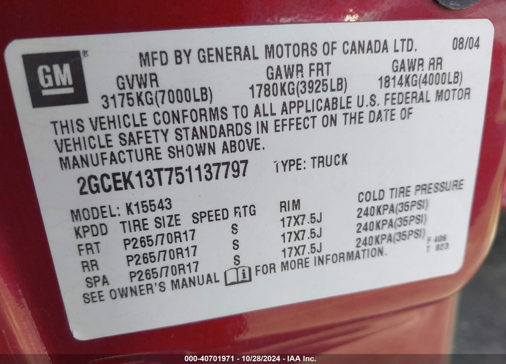2005 CHEVROLET SILVERADO 1500 Z71 VIN: 2GCEK13T751137797