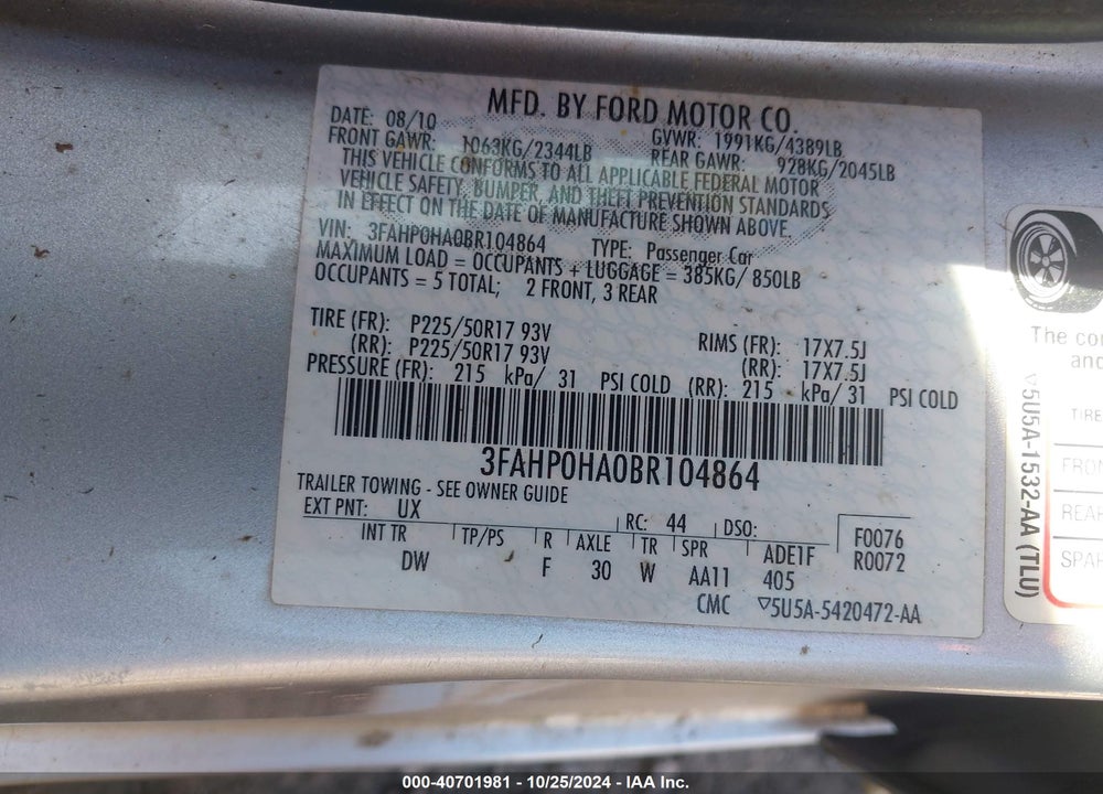 2011 FORD FUSION SE VIN: 3FAHP0HA0BR104864