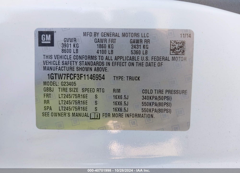 2015 GMC SAVANA 2500 WORK VAN VIN: 1GTW7FCF3F1146954