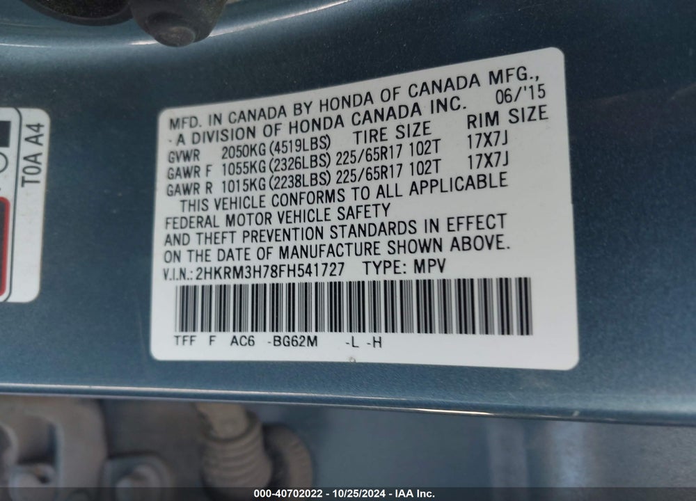 2015 HONDA CR-V EX-L VIN: 2HKRM3H78FH541727
