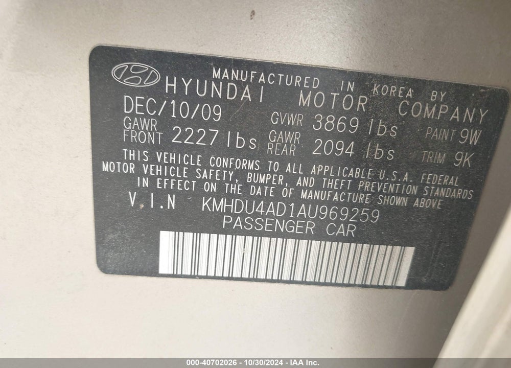 2010 HYUNDAI ELANTRA GLS VIN: KMHDU4AD1AU969259