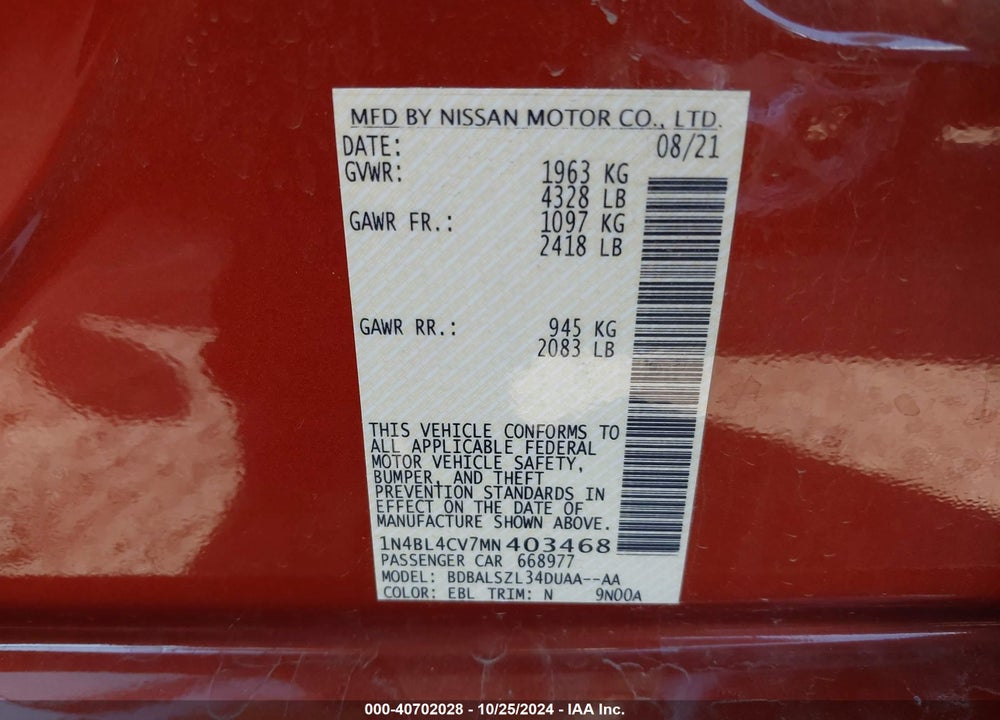 2021 NISSAN ALTIMA SR FWD VIN: 1N4BL4CV7MN403468