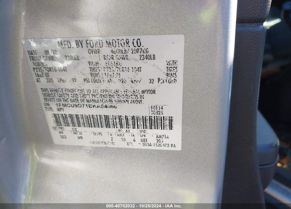 2011 FORD ESCAPE XLT VIN: 1FMCU9D71BKA54066