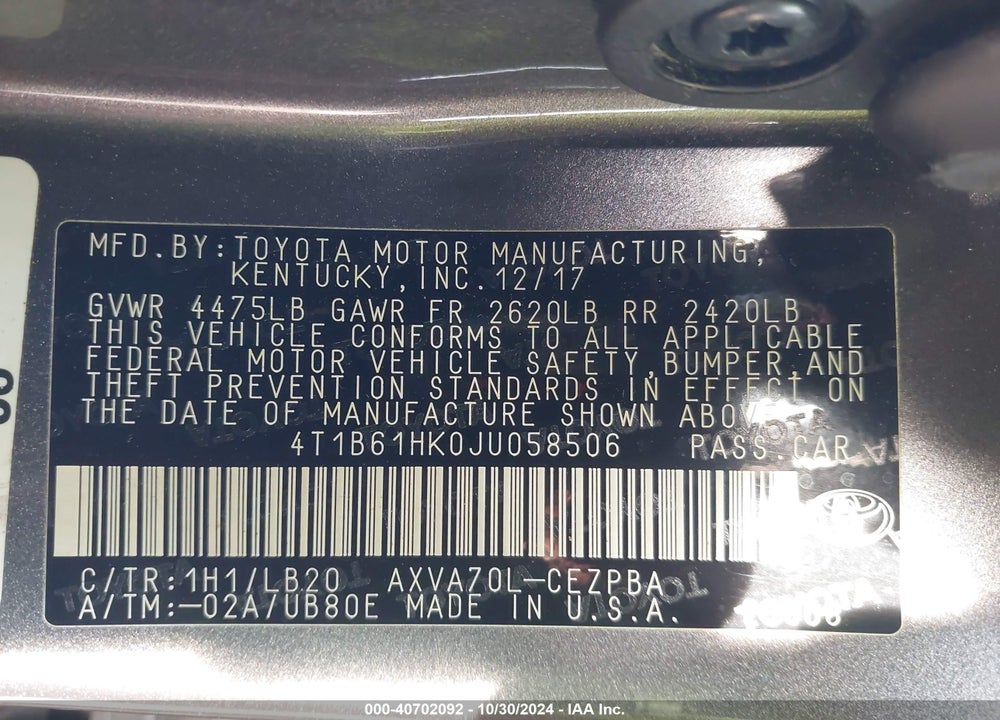2018 TOYOTA CAMRY XSE VIN: 4T1B61HK0JU058506