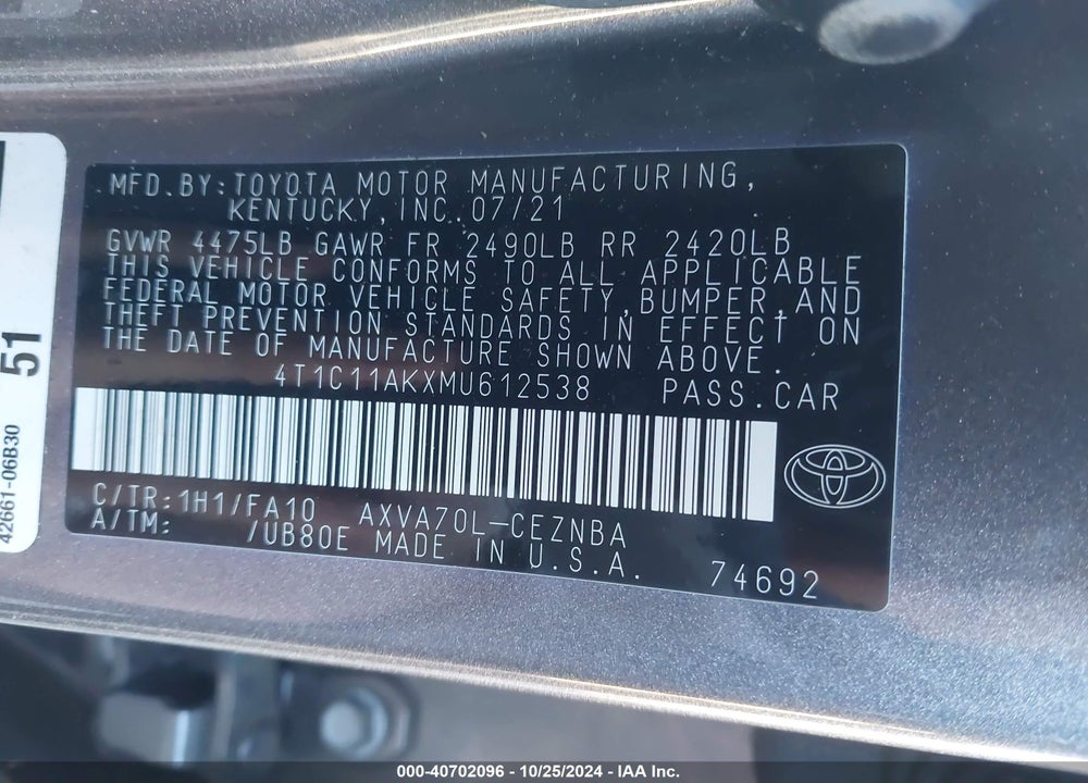 2021 TOYOTA CAMRY LE VIN: 4T1C11AKXMU612538