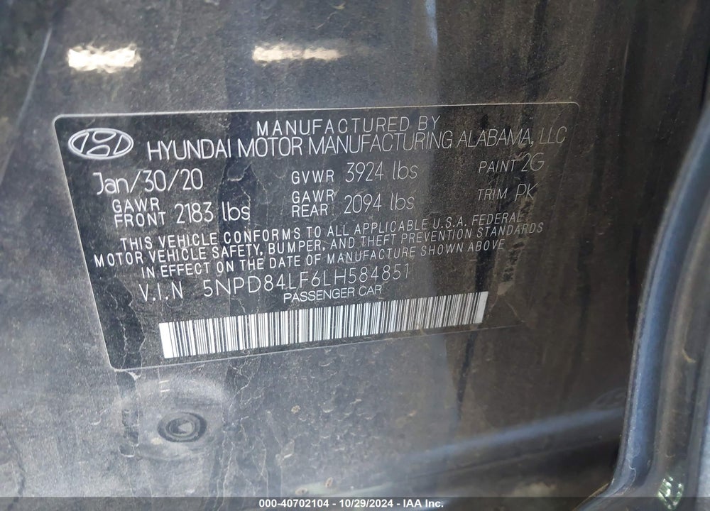 2020 HYUNDAI ELANTRA VIN: 5NPD84LF6LH584851