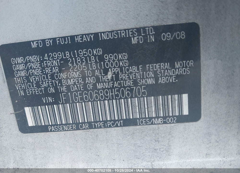2009 SUBARU IMPREZA 2.5I VIN: JF1GE60689H506705