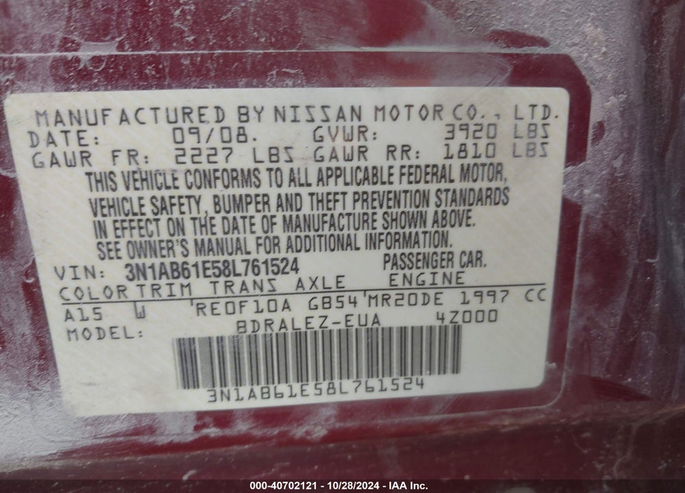 2008 NISSAN SENTRA 2.0S VIN: 3N1AB61E58L761524