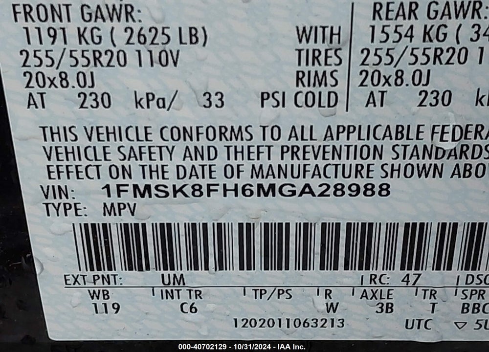 2021 FORD EXPLORER LIMITED VIN: 1FMSK8FH6MGA28988