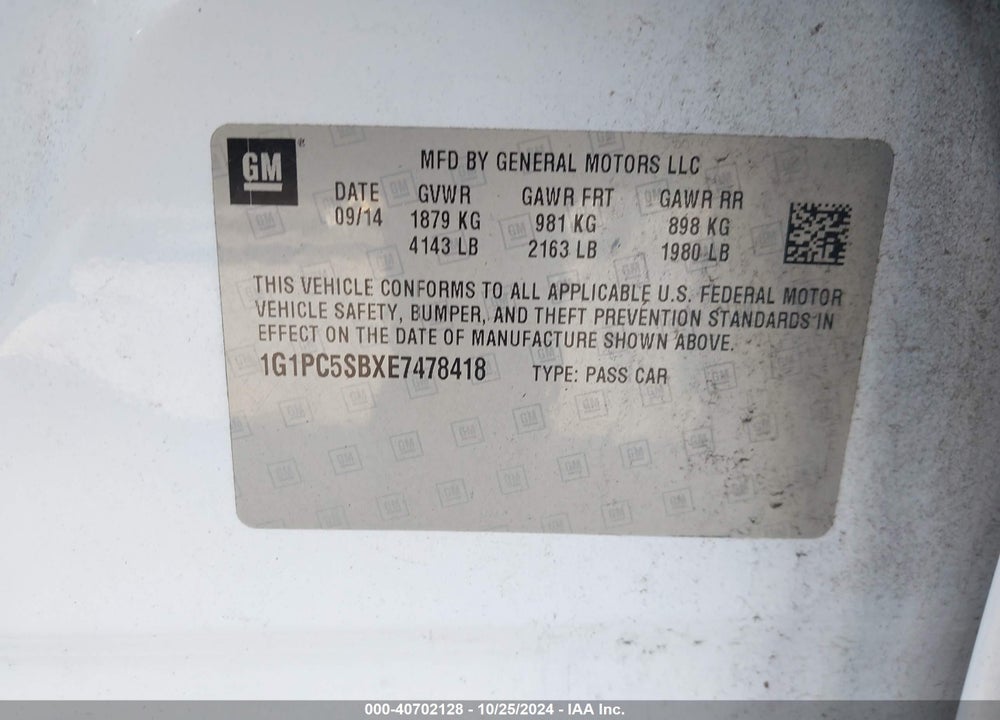 2014 CHEVROLET CRUZE 1LT AUTO VIN: 1G1PC5SBXE7478418