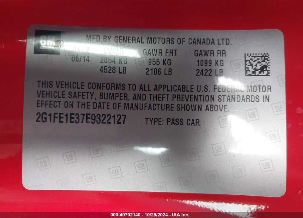 2014 CHEVROLET CAMARO 1LS VIN: 2G1FE1E37E9322127