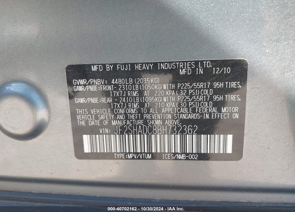 2011 SUBARU FORESTER 2.5X PREMIUM VIN: JF2SHADC8BH732362